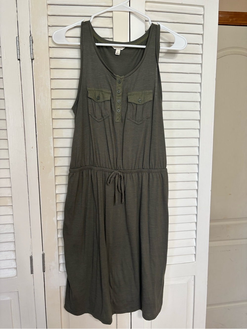Sonoma Olive Green Sleeveless Midi Drawstring Dress